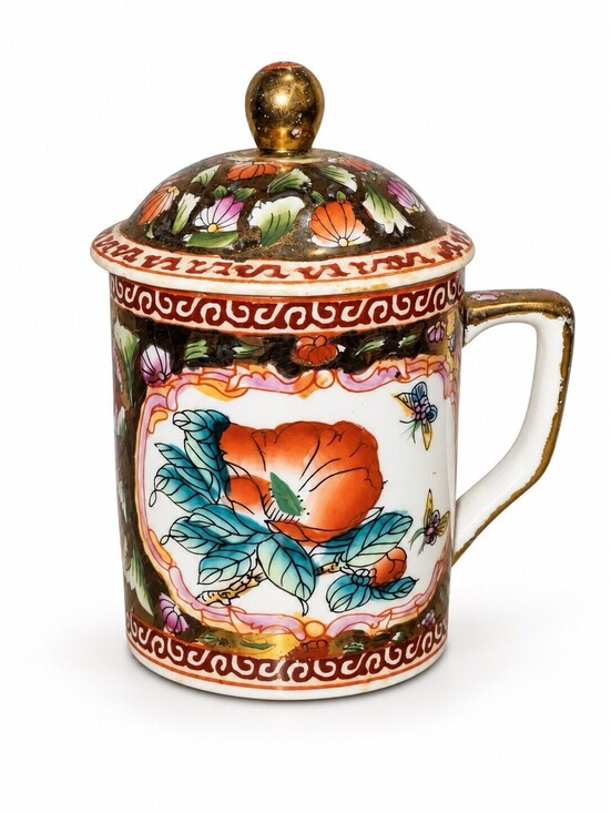 Other - Vintage Chinese Floral Lidded Porcelain Mug with Gold Accents